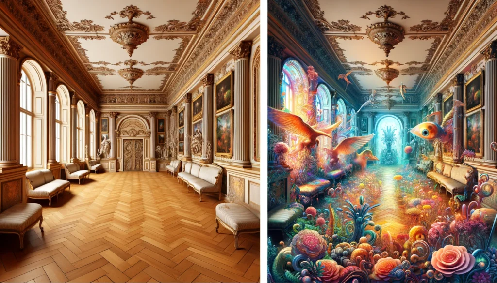 Transformation of an empty room in a mansion into a magical environment filled with fantastical artwork and sculptures, as seen through augmented reality glasses.