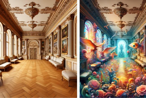 Transformation of an empty room in a mansion into a magical environment filled with fantastical artwork and sculptures, as seen through augmented reality glasses.