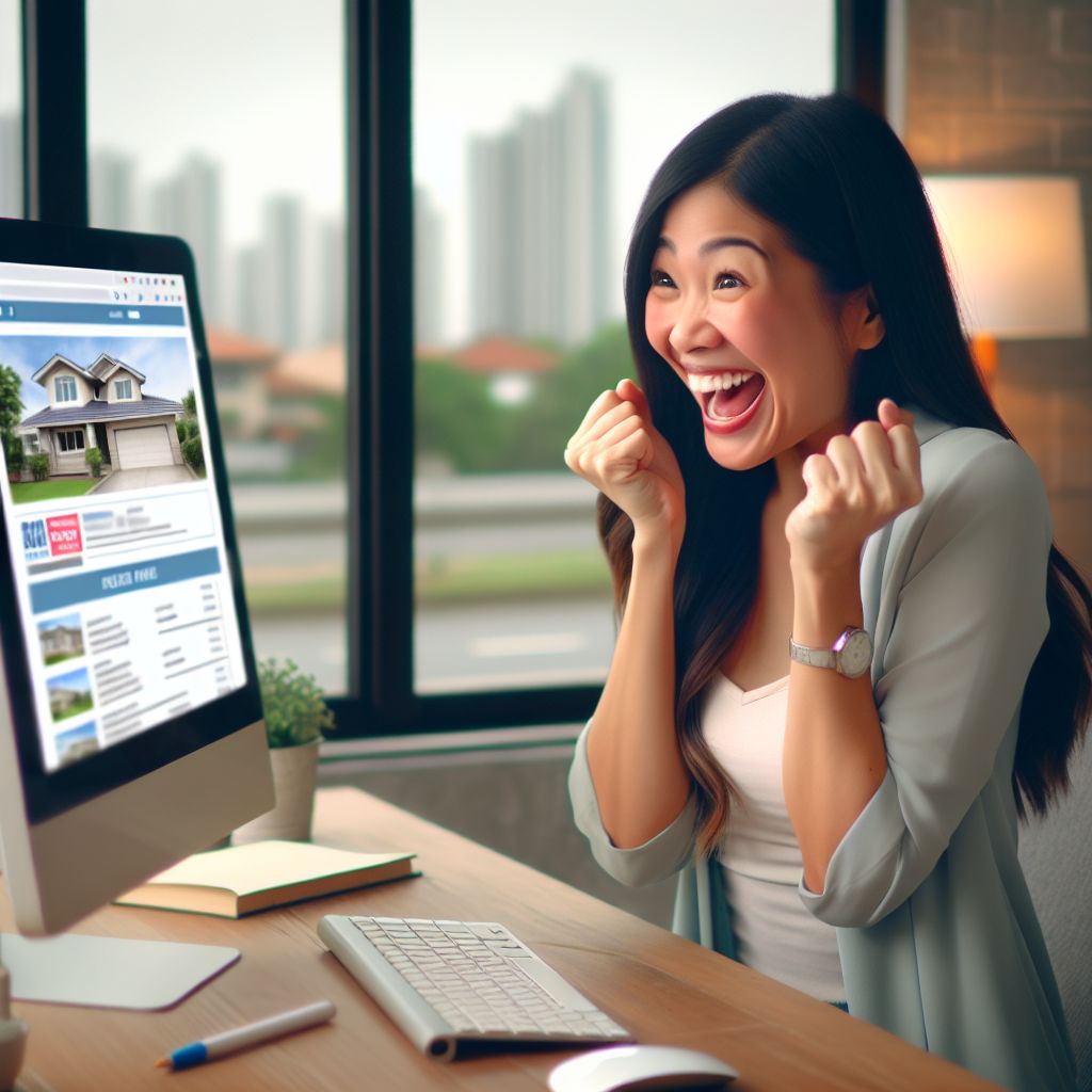 image of a person seeing a Property Listings in a PC and showing excitement